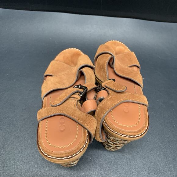 Coach Cross Band High Wedges Size 6.5B Brown Leather Suede Platform Espadrille - Picture 9 of 12